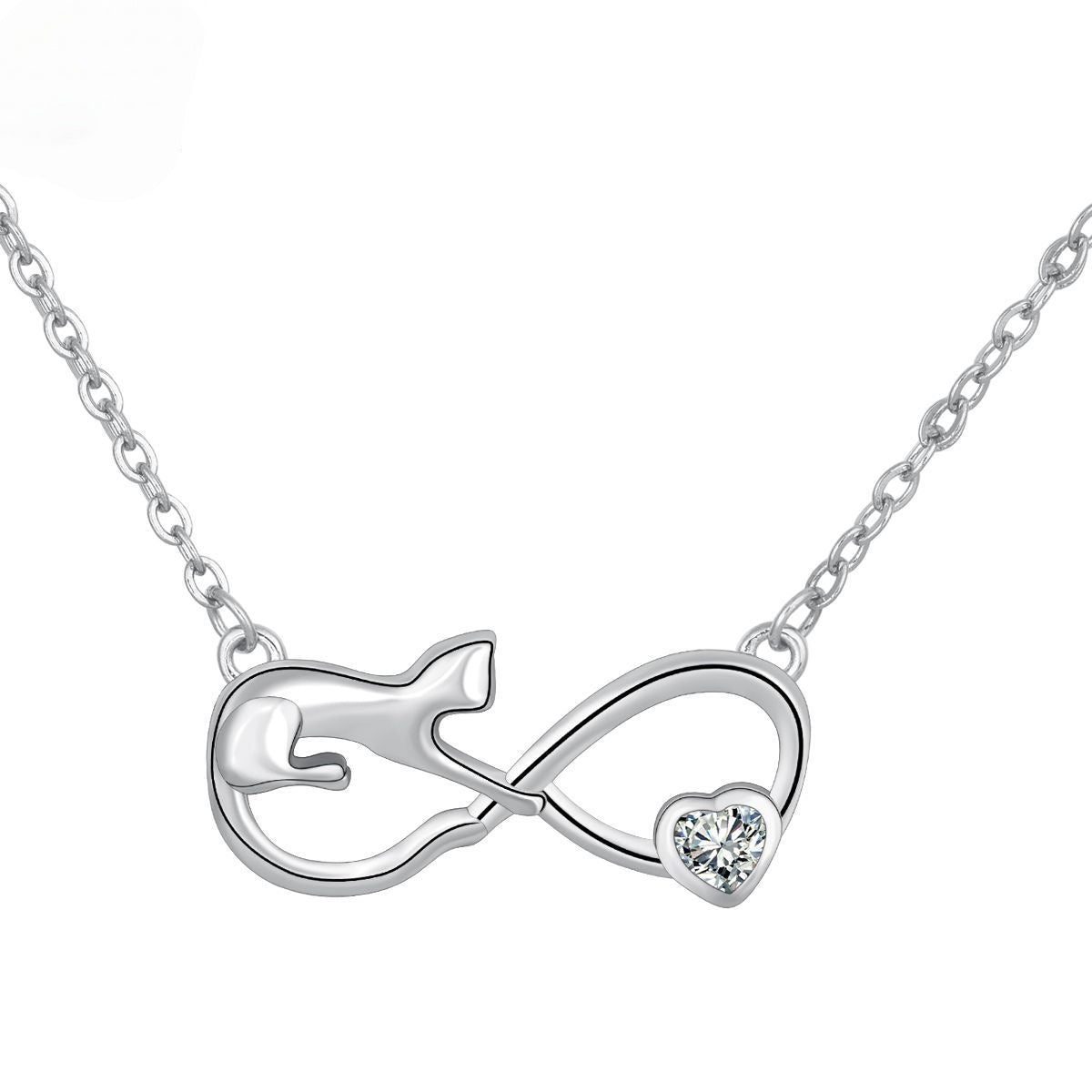 Infinity Cat Heart Silver Necklace