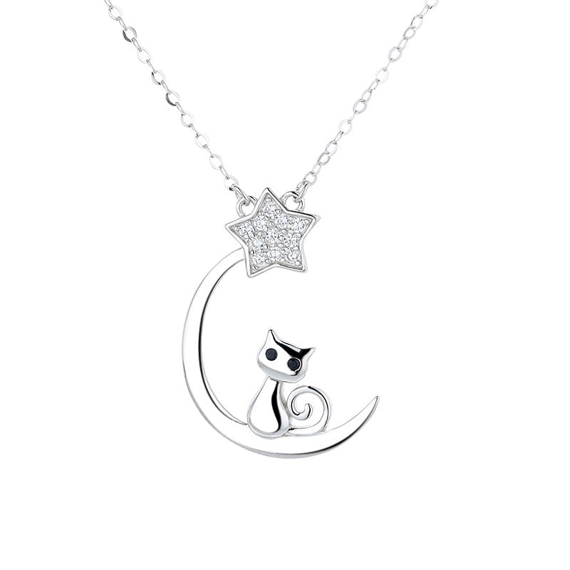 Moon & Star Cat Silver Necklace