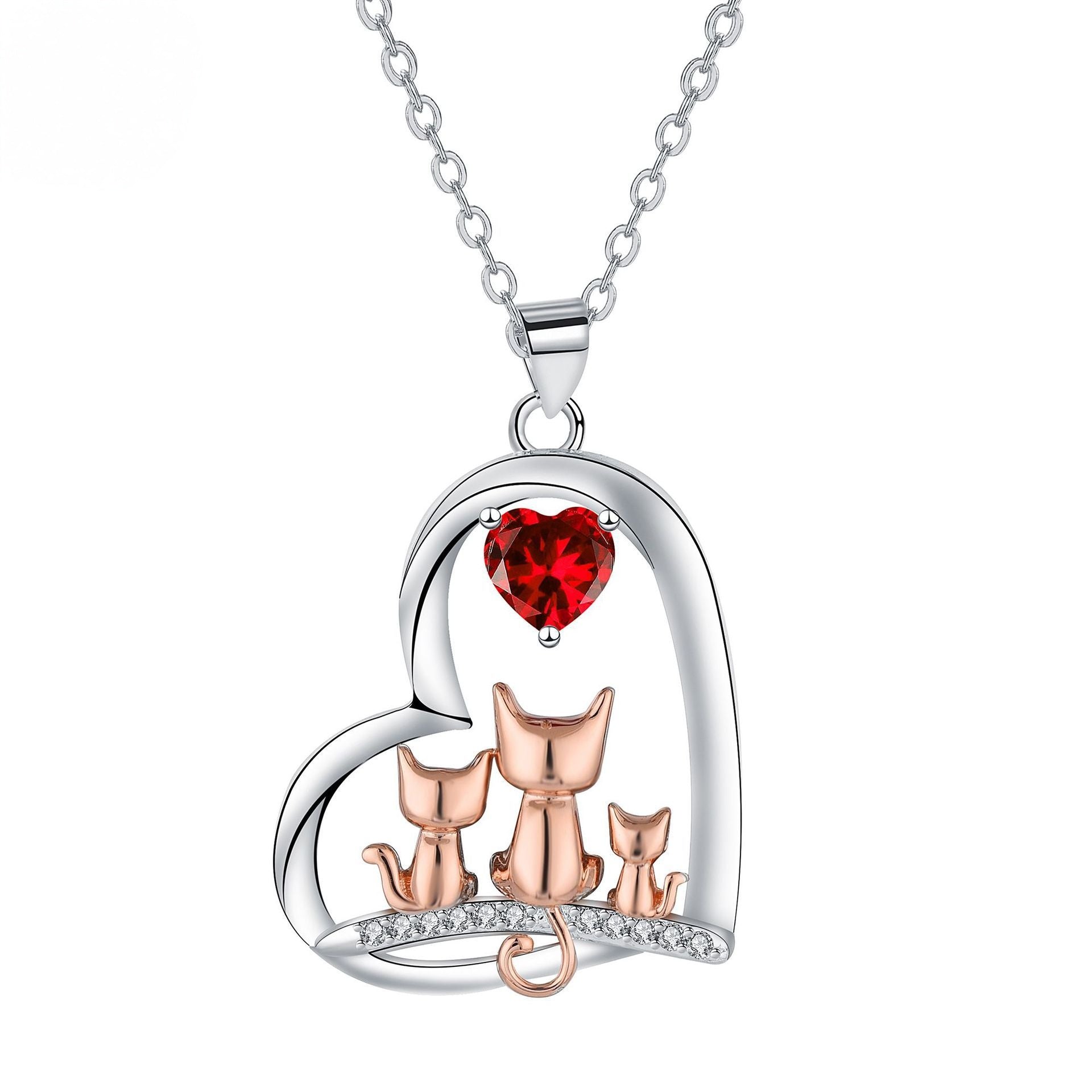 Three Cat Heart Silver Necklace